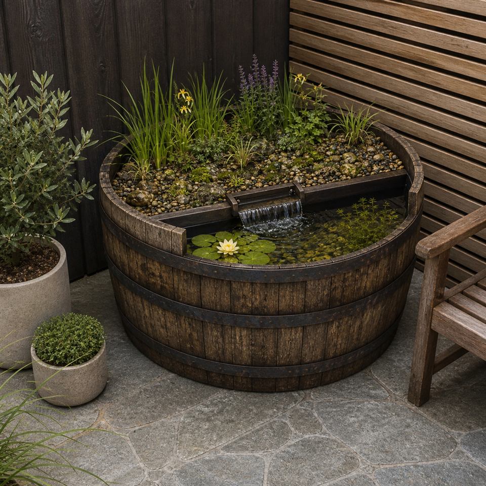 AI-generated concept visual of a possible planted water garden in an intact half wine barrel in a courtyard
