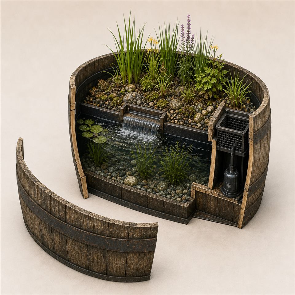 AI-generated concept section view of a half wine barrel water garden with a section of timber staves removed