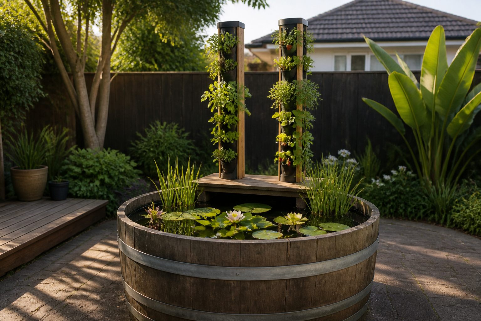 AI-generated future concept of a planted barrel water garden with two edible grow towers in a modest backyard