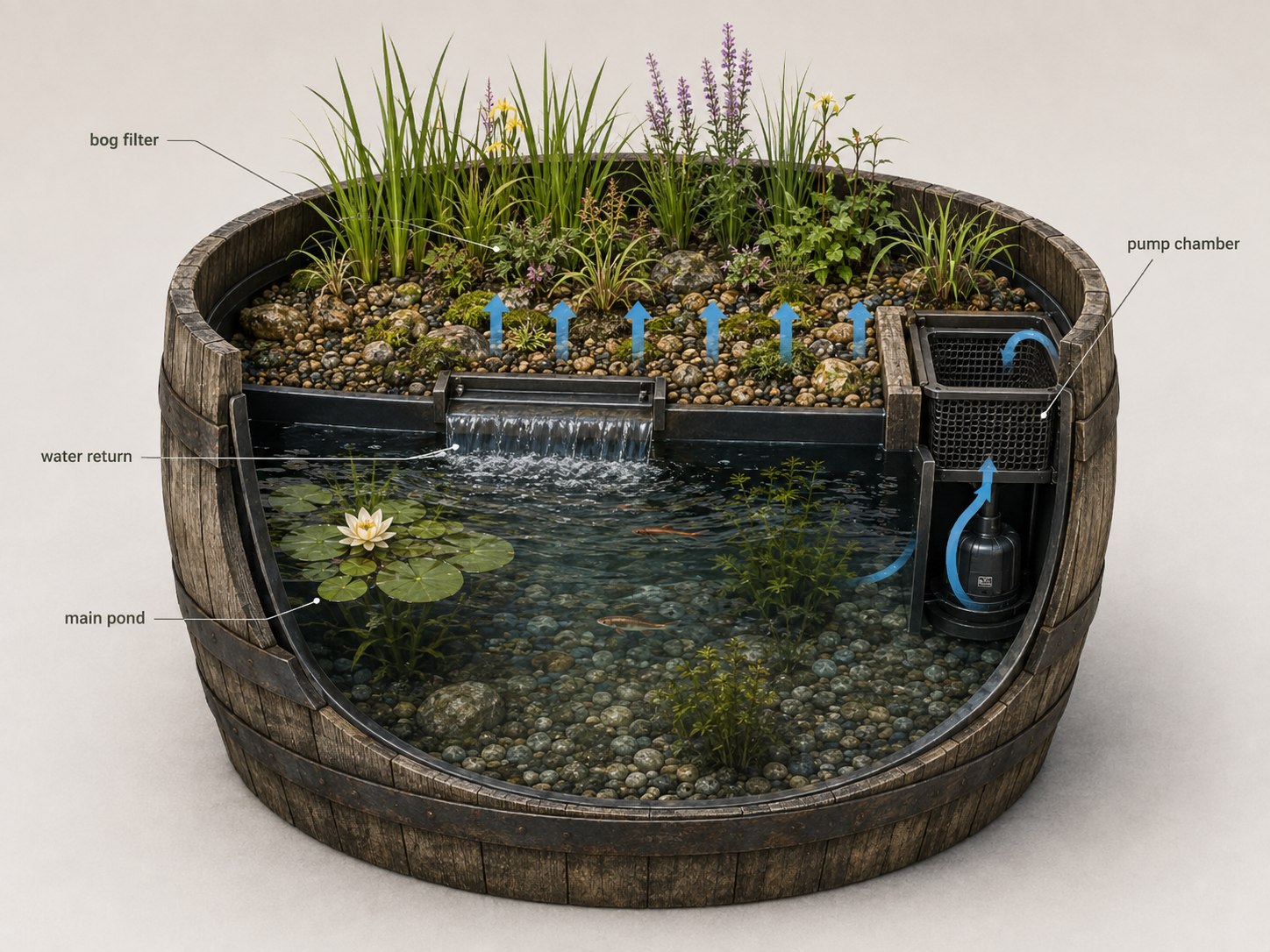 Cutaway concept of a barrel water garden with a planted bog filter, pond and hidden pump chamber